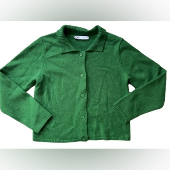 Zara Women’s Emerald Green 100% Wool Collared Cropped Cardigan. Size Small - Picture 1 of 5